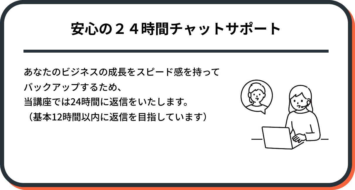 あなたのビジネスの成長をスピード感を持ってバックアップするため、 当講座では24時間に返信をいたします。 （基本12時間以内に返信を目指しています）