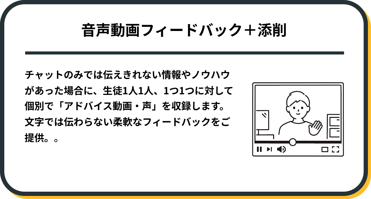 チャットのみでは伝えきれない情報やノウハウがあった場合に、生徒1人1人、1つ1つに対して個別で「アドバイス動画・声」を収録します。 文字では伝わらない柔軟なフィードバックをご提供。。