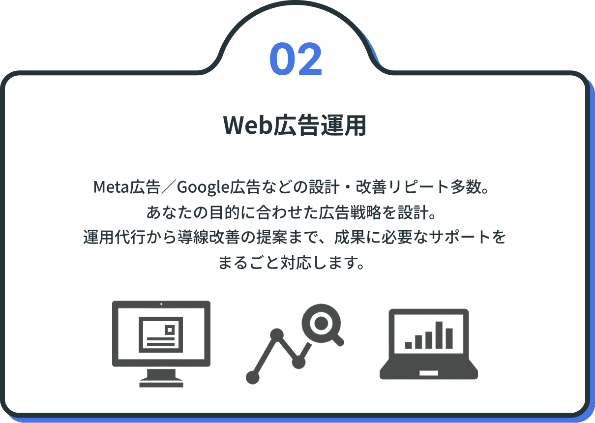 WEB広告運用
Meta広告/Google広告などの運用・設計・改善
リピート多数。
あなたの目的に合わせた広告戦略を設計。
運用代行から導線改善の提案まで、成果に必要なサポートをまるごと対応します。